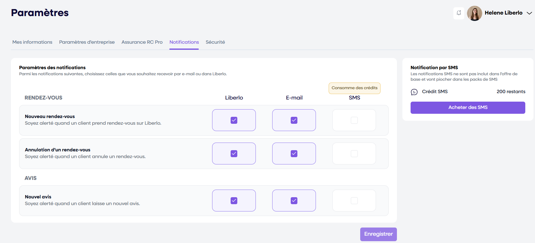 Onglet notifications