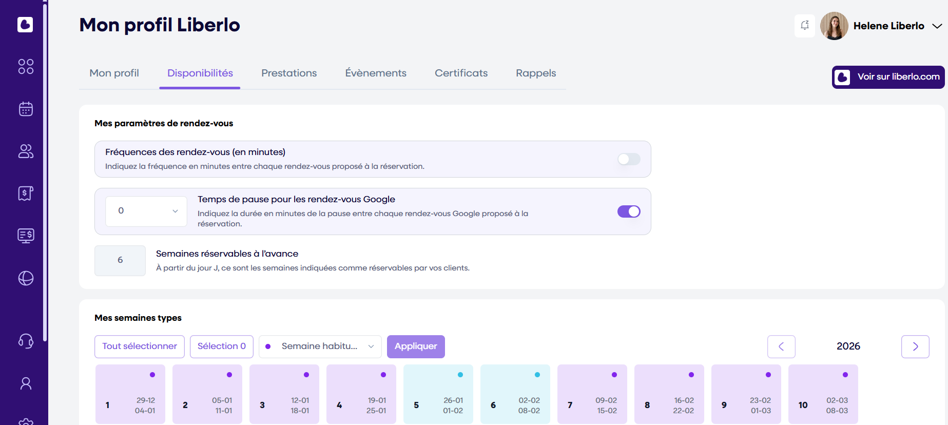 Onglet Disponbilites