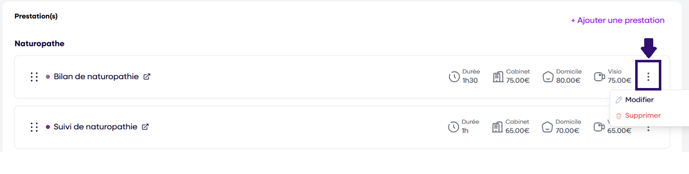 Modifier ou supprimer une prestation
